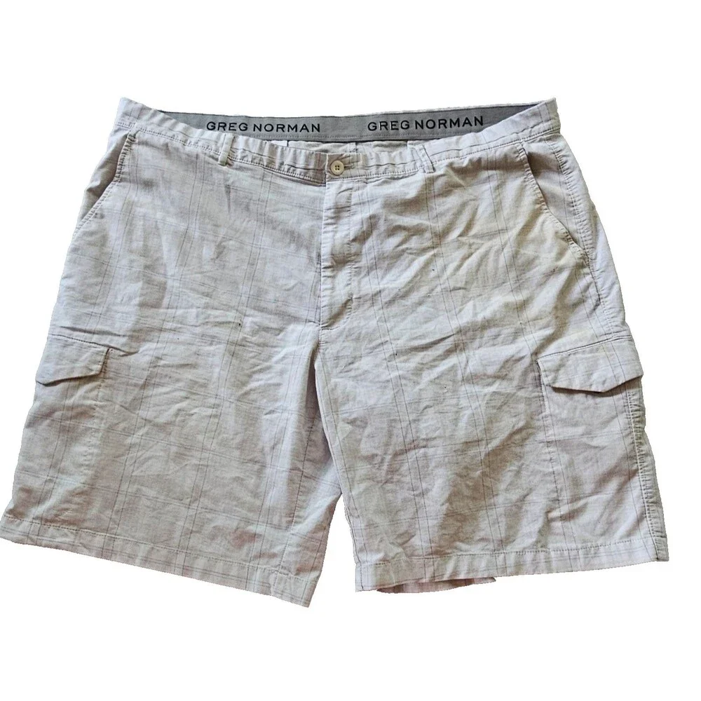Greg Norman Men’s 44 Stretch Shorts White Plaid Cargo Golf Casual Lightweight